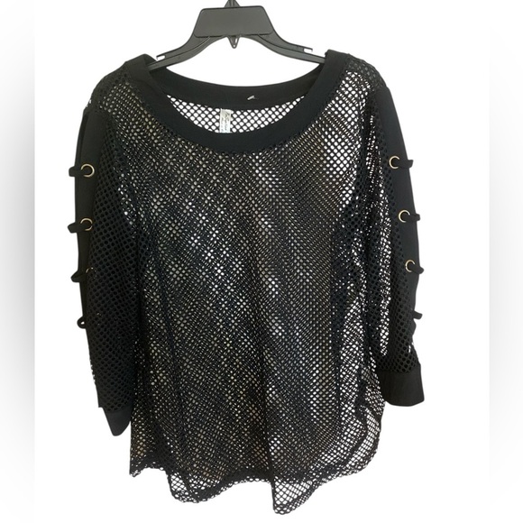 Black Mesh Sheer Knit Top Silver Grommet Sleeve Details NWT Edgy Goth Size Large - Picture 7 of 10
